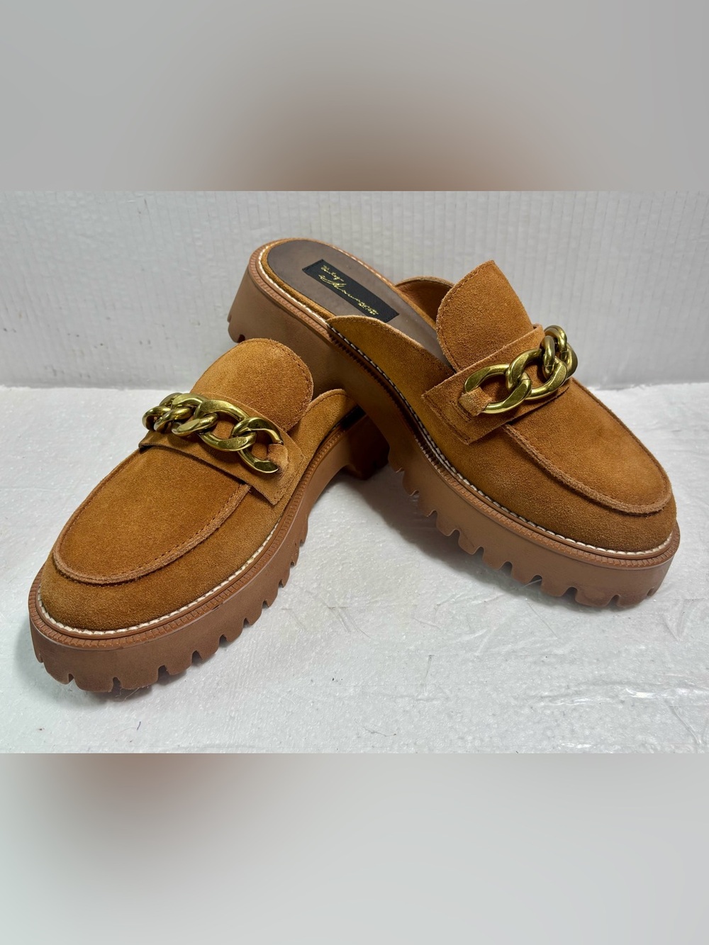 Vintage Havana Cognac Suede Chain-Trim Mule Loafers